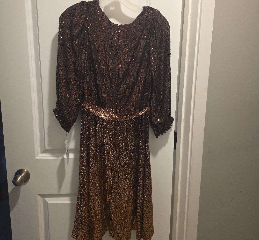 DKNY Two-Tone Bronze Sequin Wrap Midi Dress - Picture 12 of 16